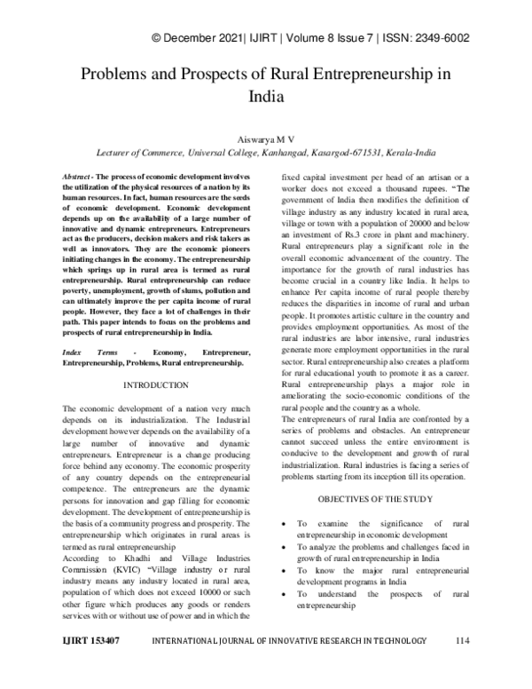 (PDF) Problems and Prospects of Rural Entrepreneurship in India
