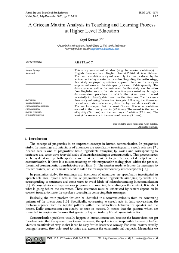 (PDF) A Gricean Maxim Analysis in Teaching and Learning Process at ...