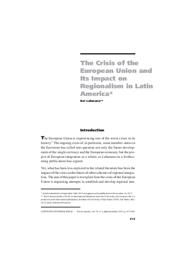 (PDF) The crisis of the European Union and its impact on regionalism in ...
