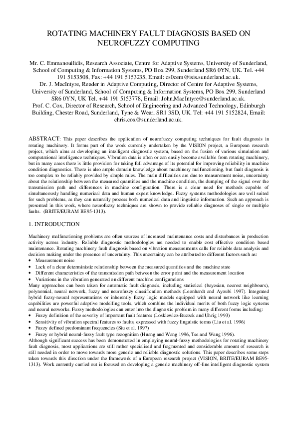 (PDF) Rotating Machinery Fault Diagnosis Based on Neurofuzzy Computing