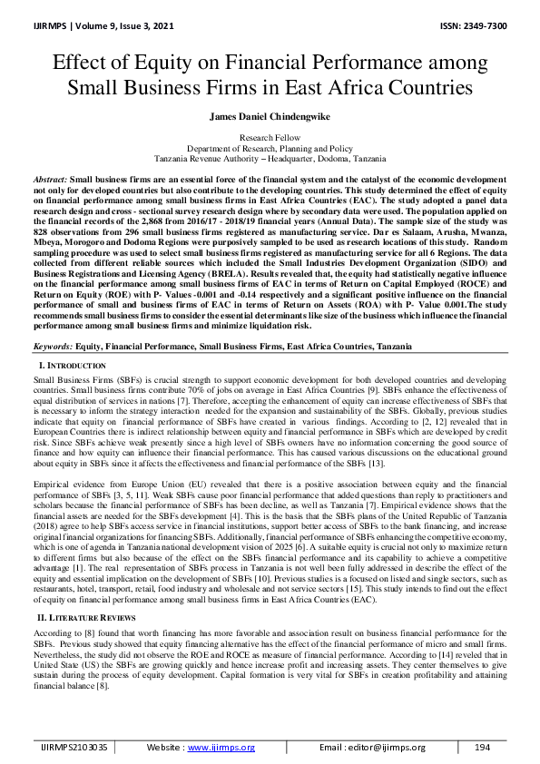 (PDF) Effect of Equity on Financial Performance among Small Business ...