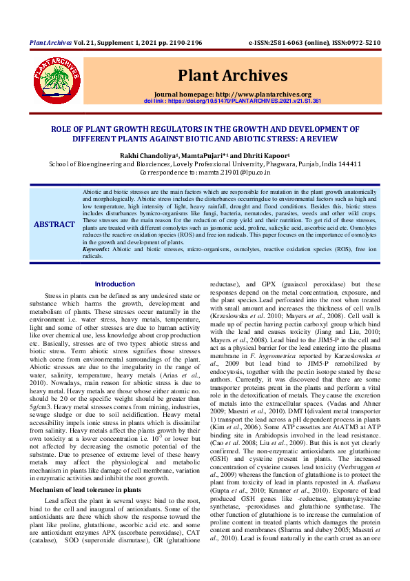  PDF Role Of Plant Growth Regulators In The Growth And Development Of Different Plants Against 