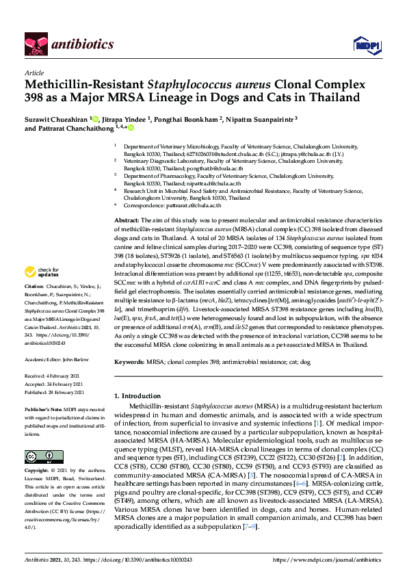 (PDF) Methicillin-Resistant Staphylococcus aureus Clonal Complex 398 as ...