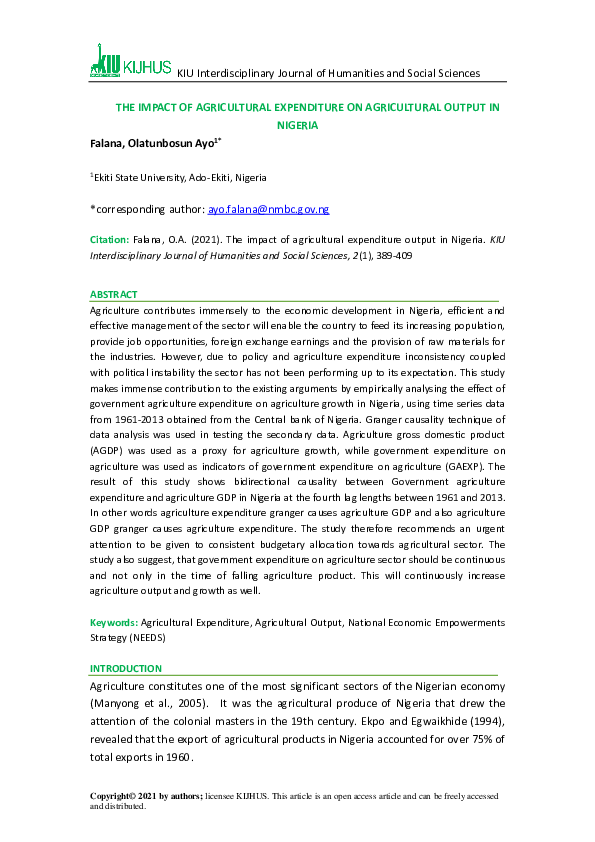 (PDF) THE IMPACT OF AGRICULTURAL EXPENDITURE ON AGRICULTURAL OUTPUT IN
