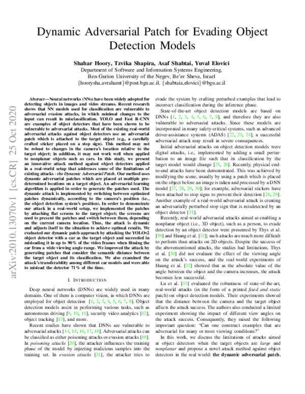 (PDF) Dynamic Adversarial Patch for Evading Object Detection Models