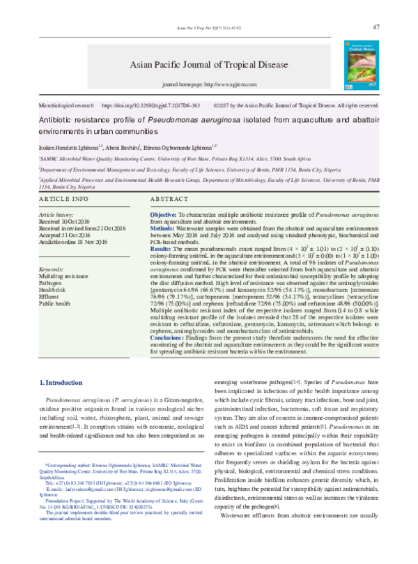 (PDF) Antibiotic resistance profile of Pseudomonas aeruginosa isolated ...