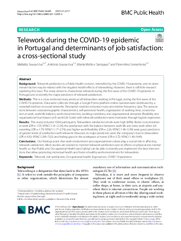 (PDF) Telework during the COVID-19 epidemic in Portugal and ...