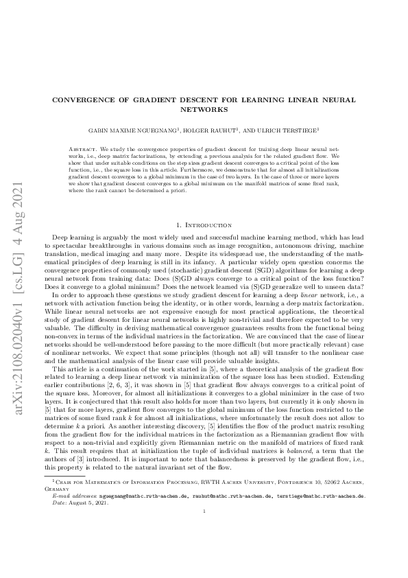 (PDF) Convergence of gradient descent for learning linear neural networks