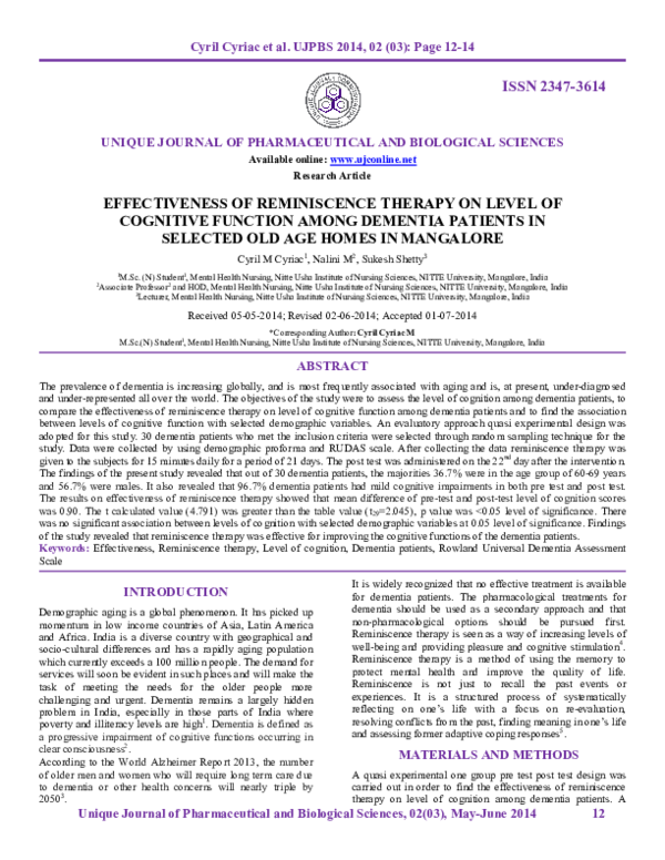 (PDF) Effectiveness of Reminiscence Therapy on Level of Cognitive ...
