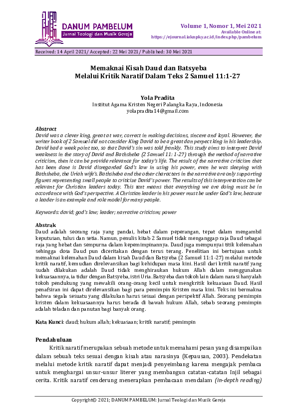 (PDF) Memaknai Kisah Daud dan Batsyeba Melalui Kritik Naratif Dalam
