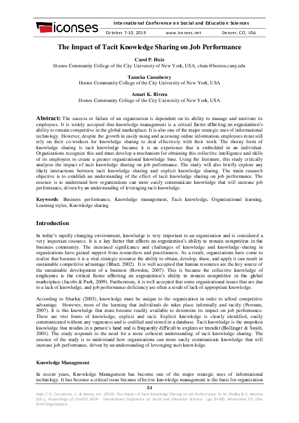 (PDF) The Impact of Tacit Knowledge Sharing on Job Performance