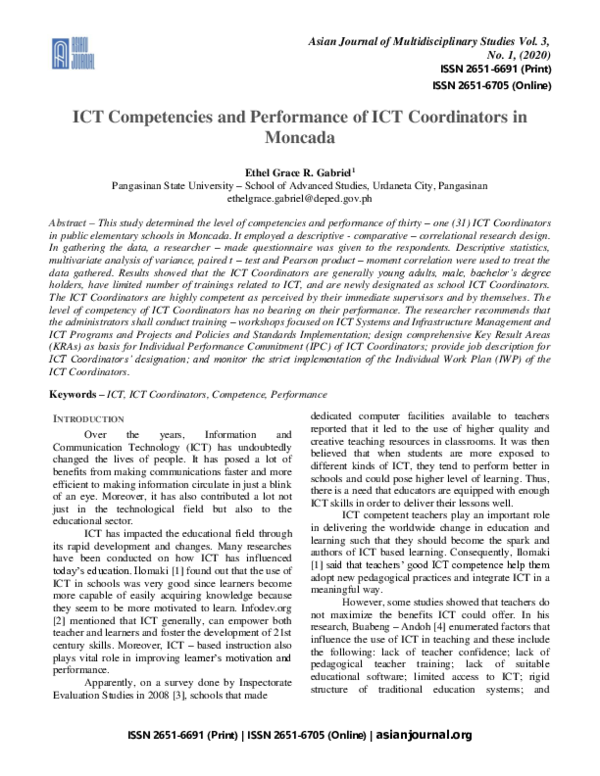 (PDF) ICT Competencies and Performance of ICT Coordinators in Moncada