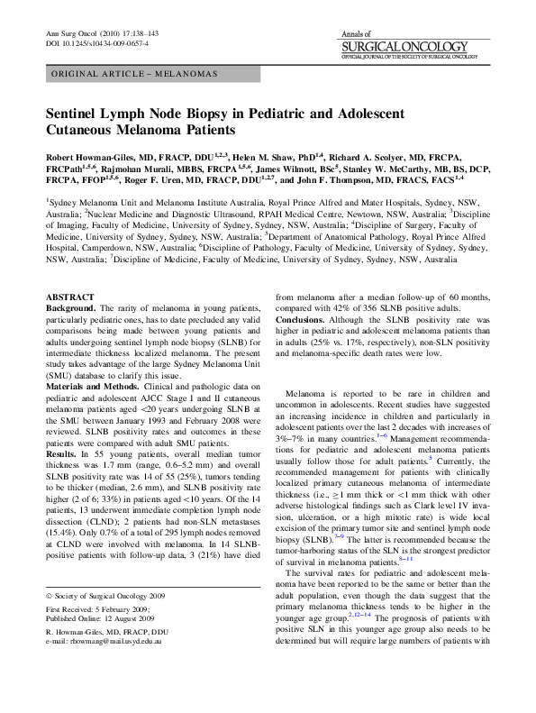 (PDF) Sentinel lymph node biopsy in pediatric and adolescent cutaneous ...