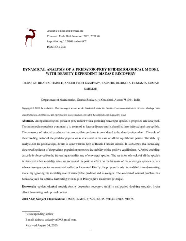 (PDF) Dynamical analysis of a predator-prey epidemiological model with ...