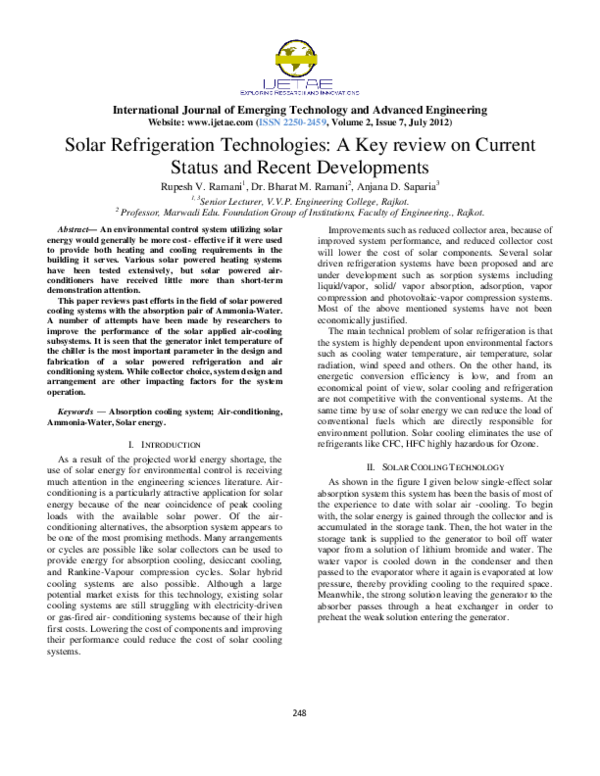 (PDF) Solar Refrigeration Technologies: A Key review on Current Status ...