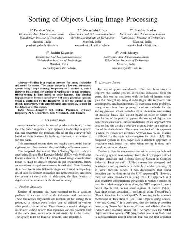 (PDF) Sorting of Objects Using Image Processing