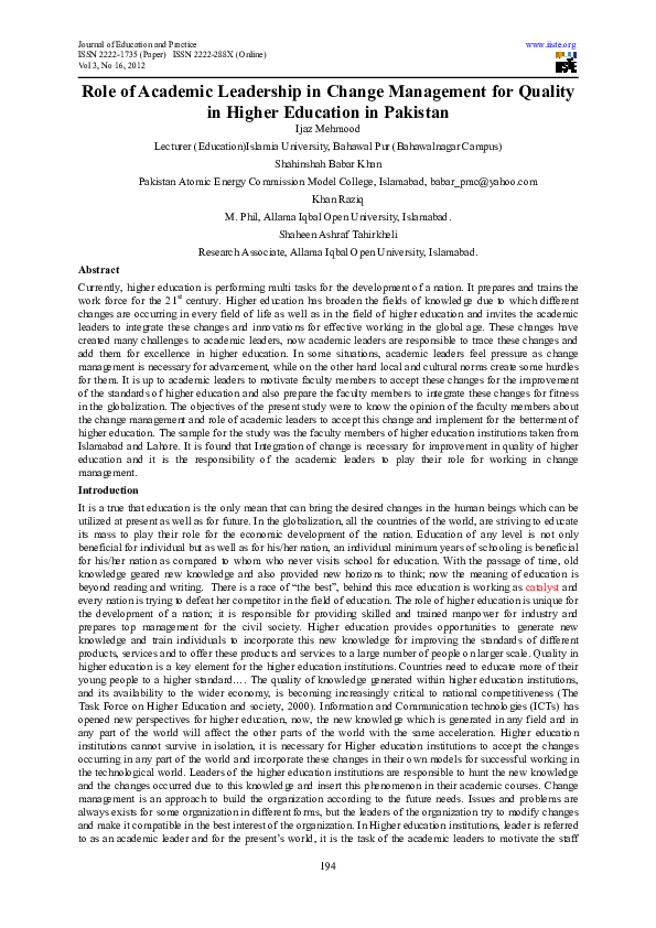 (PDF) Role of Academic Leadership in Change Management for Quality in ...