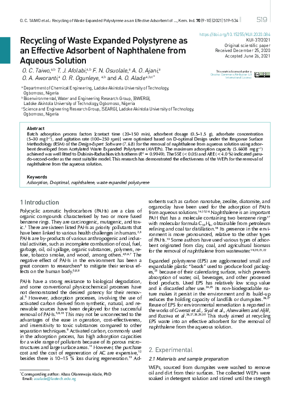 (PDF) Recycling of Waste Expanded Polystyrene as an Effective Adsorbent ...