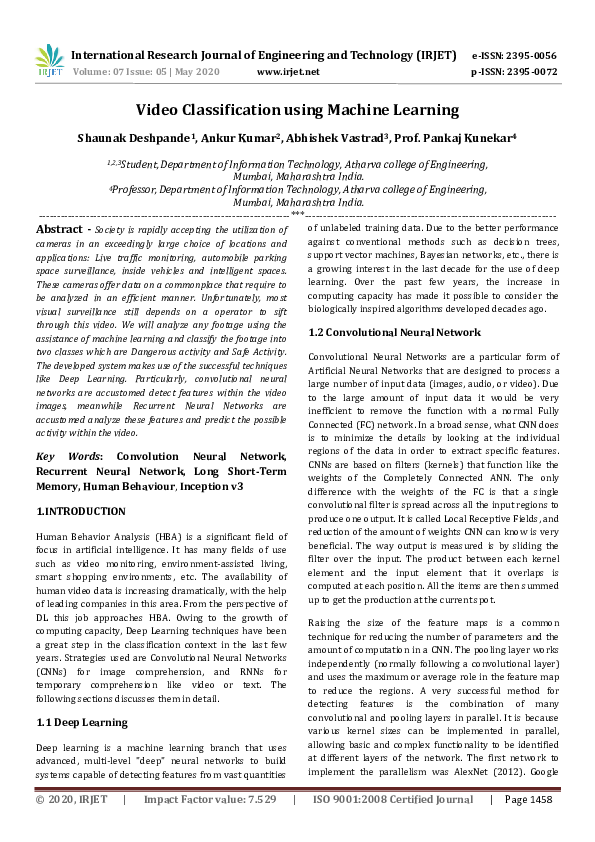 (PDF) Video Classification using Machine Learning