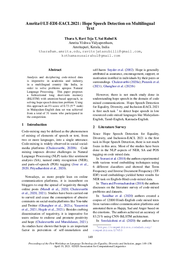 (PDF) Amrita@LT-EDI-EACL2021: Hope Speech Detection on Multilingual Text