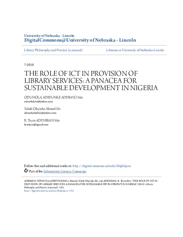 (PDF) The Role of Ict in Provision of Library Services: A Panacea for ...