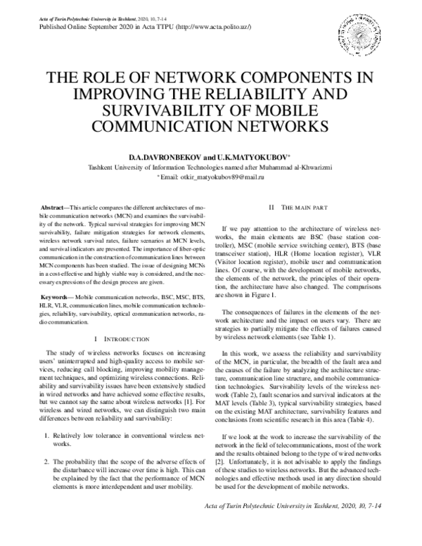 (PDF) The Role of Network Components in Improving the Reliability and ...