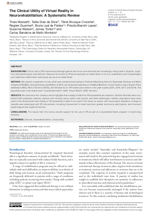 (PDF) The Clinical Utility of Virtual Reality in Neurorehabilitation: A ...