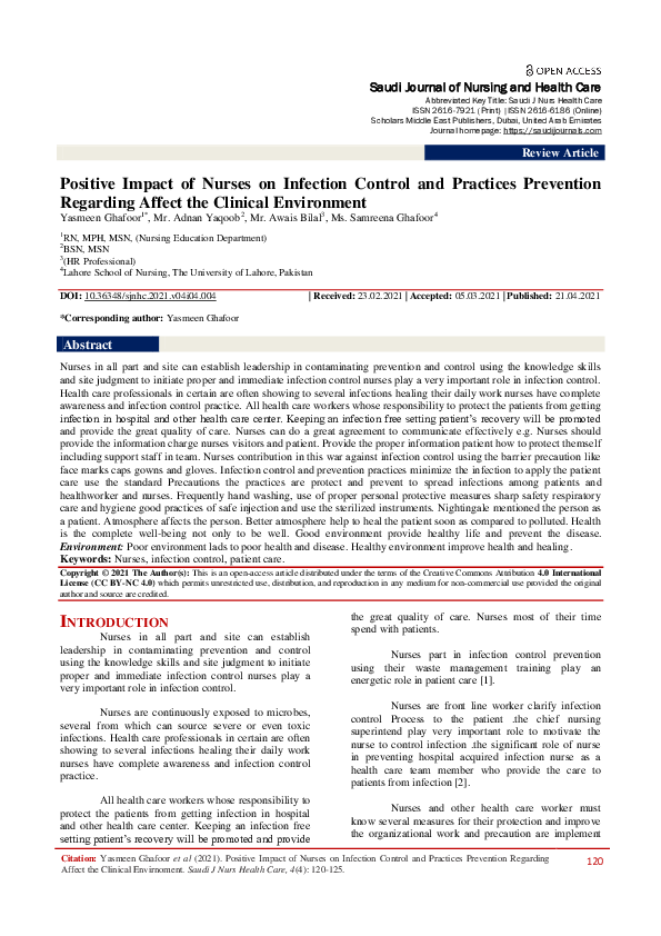 (PDF) Positive Impact of Nurses on Infection Control and Practices ...