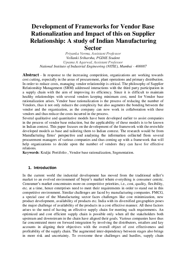 (PDF) Development of Frameworks for Vendor Base Rationalization and ...