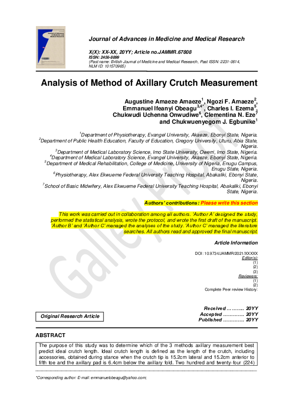 (PDF) Analysis of Method of Axillary Crutch Measurement Chukwuenyegom