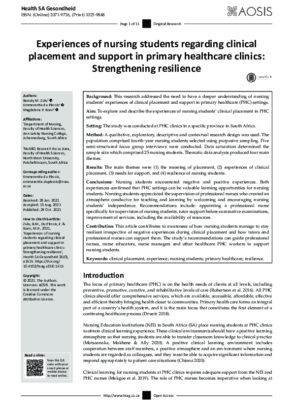 (PDF) Experiences of nursing students regarding clinical placement and ...