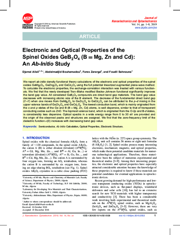 (PDF) Electronic and Optical Properties of the Spinel Oxides GeB2O4 (B ...
