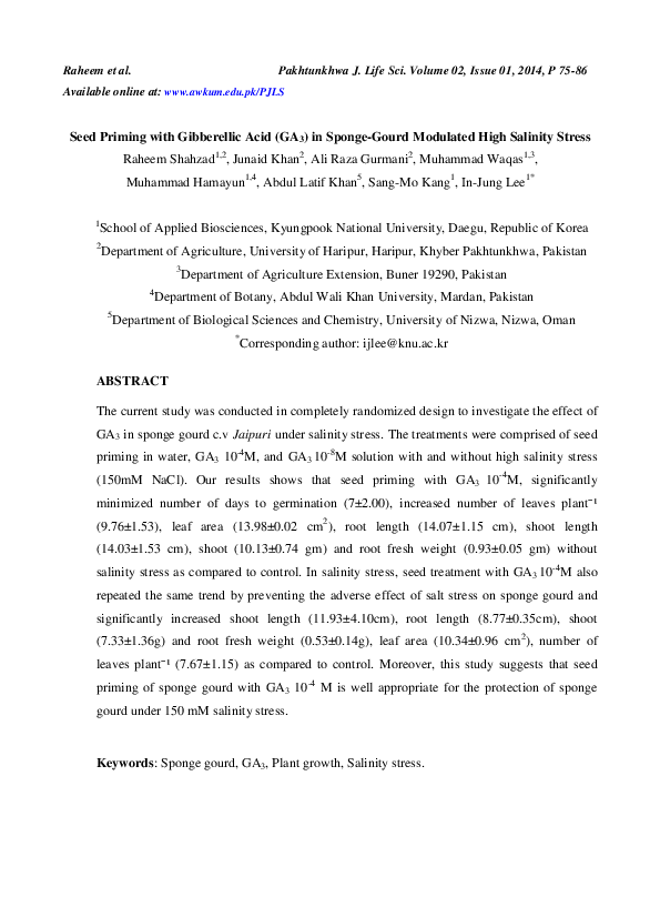 (PDF) Seed Priming with Gibberellic Acid (GA3) in SpongeGourd