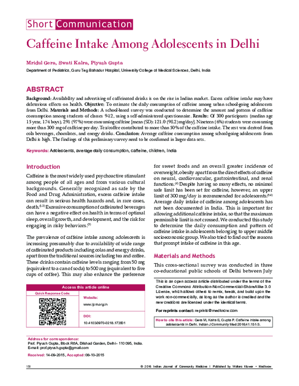(PDF) Caffeine Intake Among Adolescents in Delhi