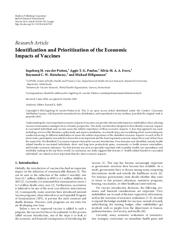 (PDF) Identification and Prioritization of the Economic Impacts of Vaccines