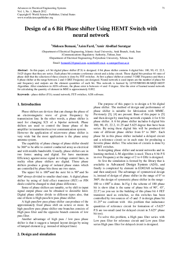 (PDF) Design of a 6 Bit Phase shifter Using HEMT Switch with neural network