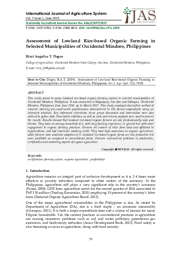 (PDF) Assessment of lowland rice-based organic farming in selected ...