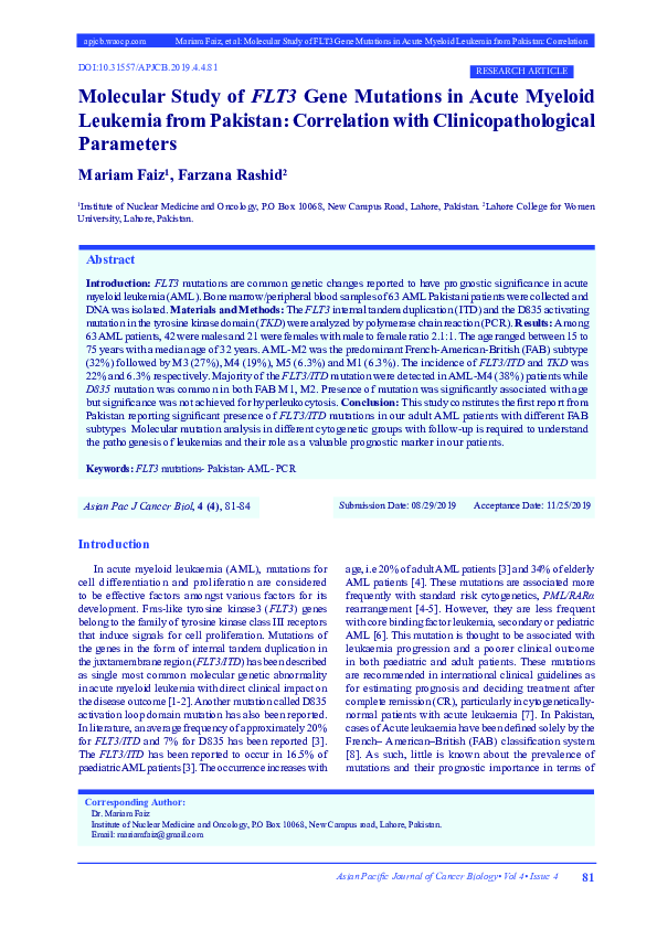 (PDF) Molecular Study of FLT3 gene mutations in Acute Myeloid Leukemia ...