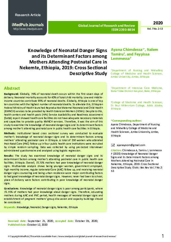 (PDF) Knowledge of Neonatal Danger Signs and its Determinant Factors ...