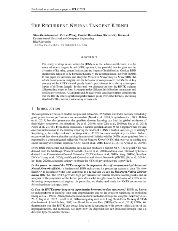 (PDF) The Recurrent Neural Tangent Kernel