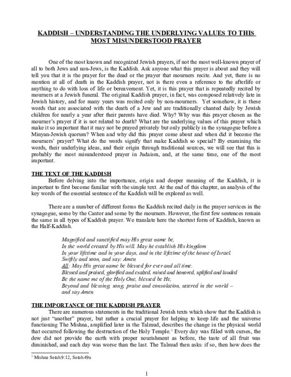 (DOC) KADDISH -UNDERSTANDING THE UNDERLYING VALUES TO THIS MOST ...