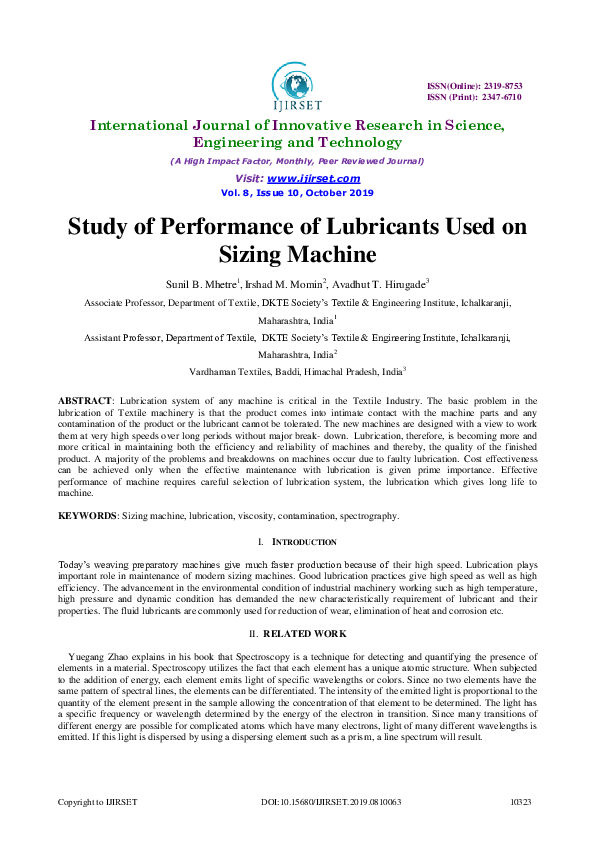 (PDF) Study of Performance of Lubricants Used on Sizing Machine