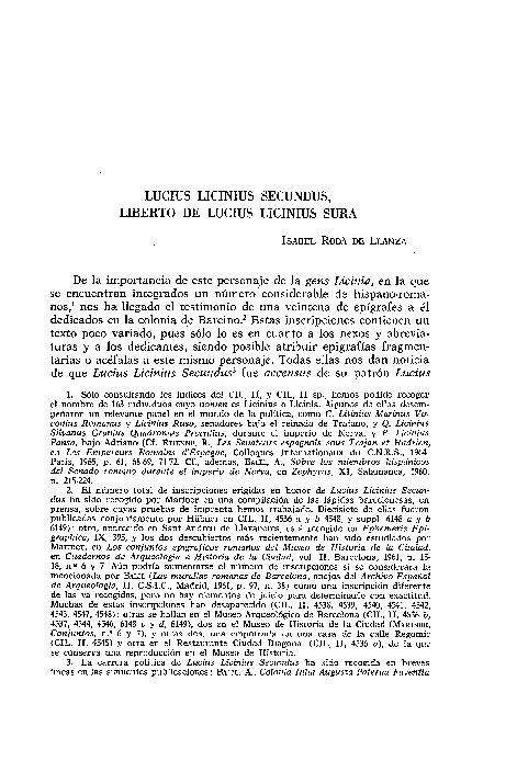 (PDF) Lucius Licinius Secundus, liberto de Lucius Licinius Sura