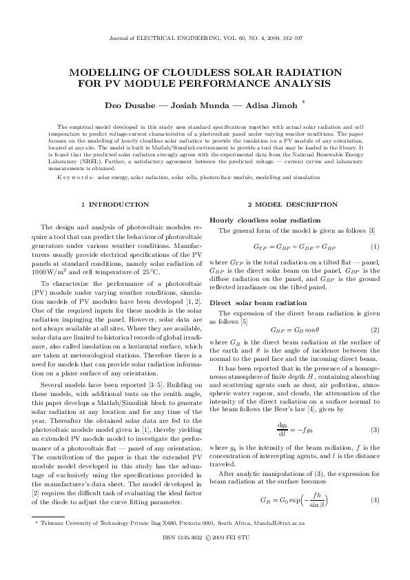 (PDF) Modelling of Cloudless Solar Radiation for PV Module Performance ...
