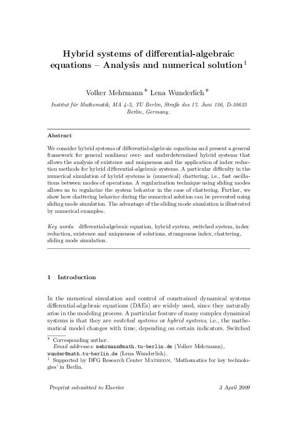 (PDF) Hybrid systems of differential-algebraic equations – Analysis and ...