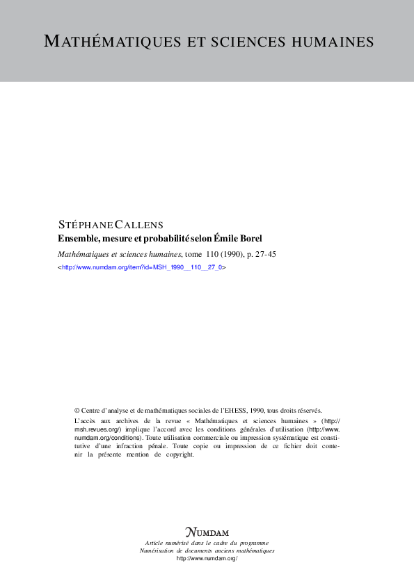 (PDF) Ensemble, mesure et probabilité selon Emile Borel