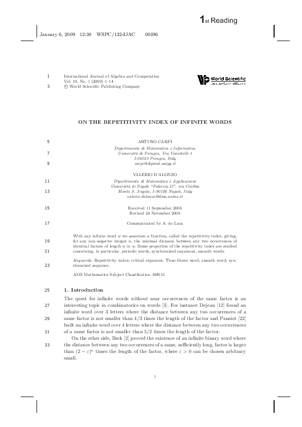 (PDF) ON THE REPETITIVITY INDEX OF INFINITE WORDS