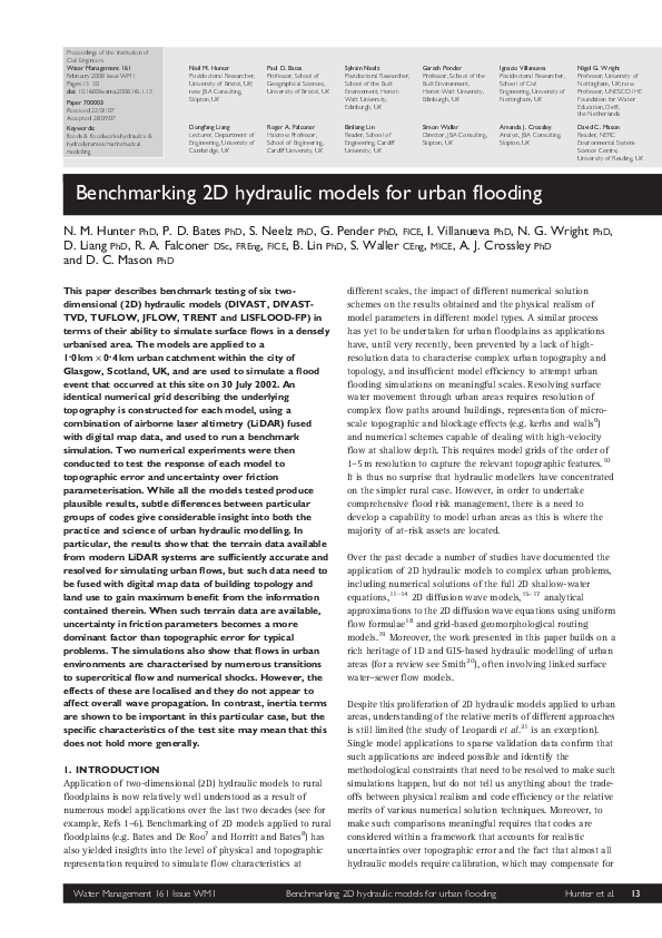 (PDF) Benchmarking 2D hydraulic models for urban flood simulations.