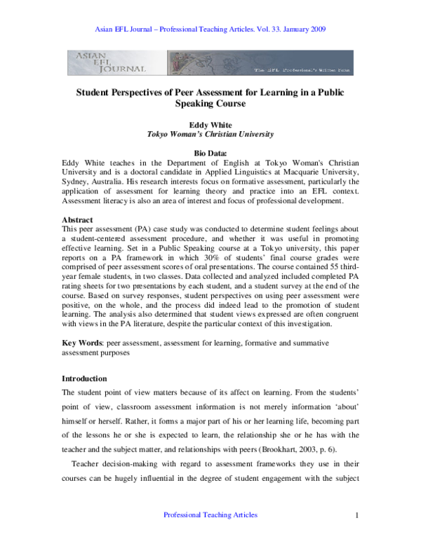 (PDF) Student Perspectives of Peer Assessment for Learning in a Public ...