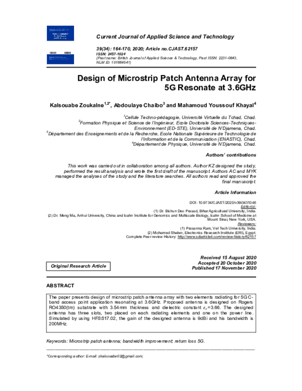 (PDF) Design of Microstrip Patch Antenna Array for 5G Resonate at 3.6GHz
